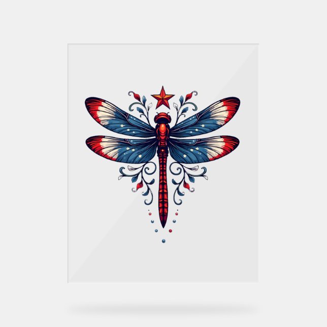 American Flag Dragonfly Patriotic 4th of July Red  Acrylic Sign (Front)