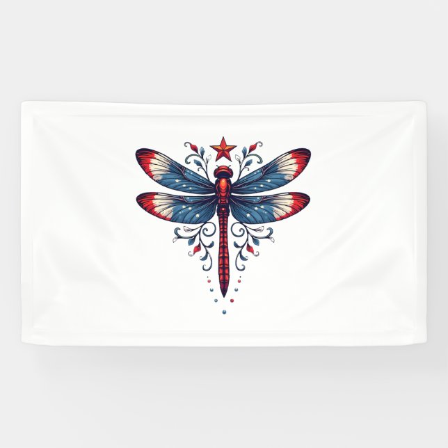 American Flag Dragonfly Patriotic 4th of July Red  Banner (Horizontal)