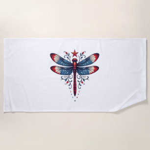 American Flag Dragonfly Patriotic 4th of July Red  Beach Towel