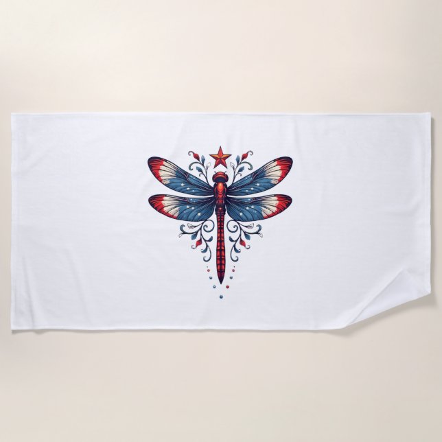 American Flag Dragonfly Patriotic 4th of July Red  Beach Towel (Front)