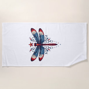 American Flag Dragonfly Patriotic 4th of July Red Beach Towel