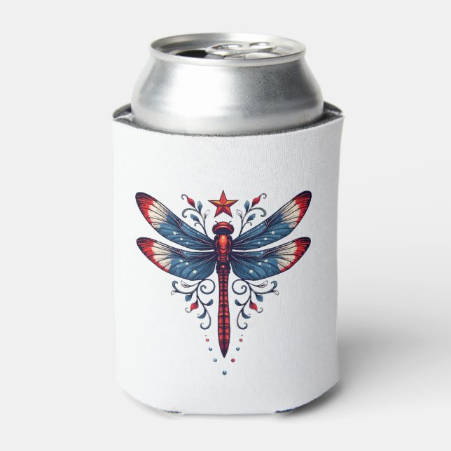 American Flag Dragonfly Patriotic 4th of July Red  Can Cooler (Can Front)