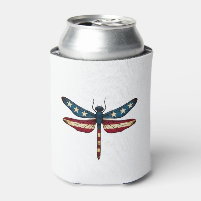American Flag Dragonfly Patriotic 4th of July Red  Can Cooler (Can Front)