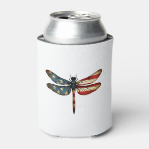 American Flag Dragonfly Patriotic 4th of July Red Can Cooler