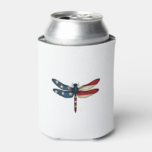 American Flag Dragonfly Patriotic 4th of July Red  Can Cooler (Can Front)