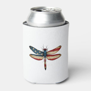 American Flag Dragonfly Patriotic 4th of July Red Can Cooler