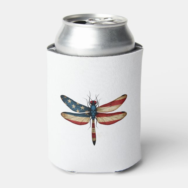 American Flag Dragonfly Patriotic 4th of July Red  Can Cooler (Can Front)