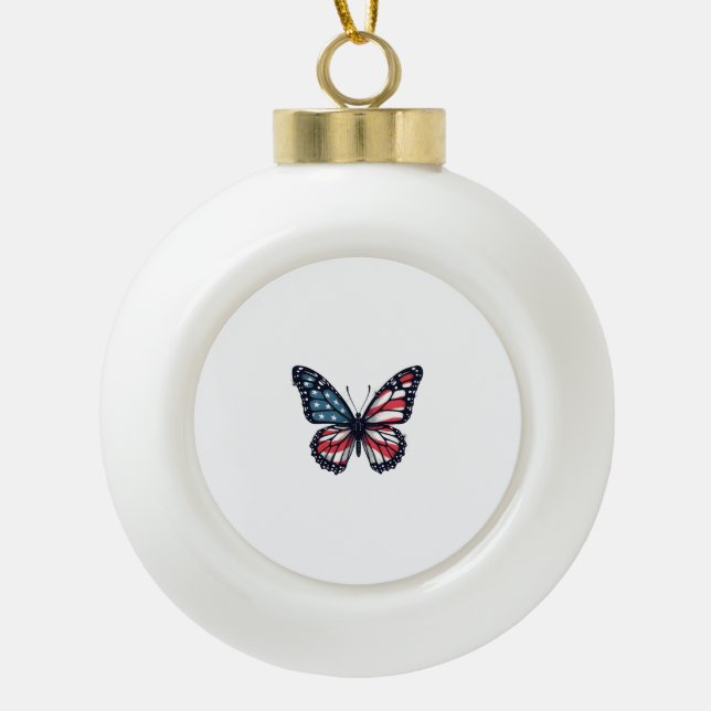 American Flag Dragonfly Patriotic 4th of July Red  Ceramic Ball Christmas Ornament (Front)