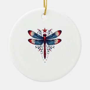 American Flag Dragonfly Patriotic 4th of July Red Ceramic Tree Decoration