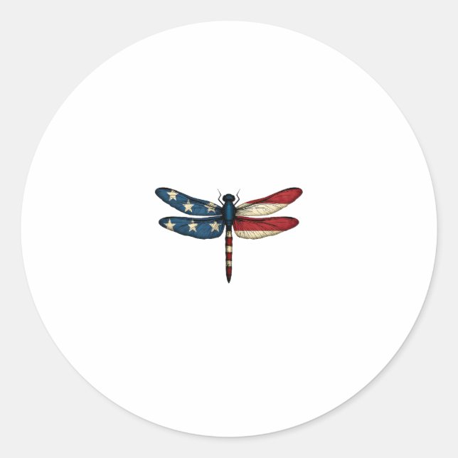 American Flag Dragonfly Patriotic 4th of July Red  Classic Round Sticker (Front)