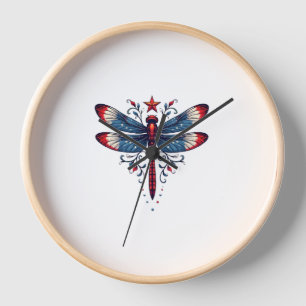 American Flag Dragonfly Patriotic 4th of July Red  Clock
