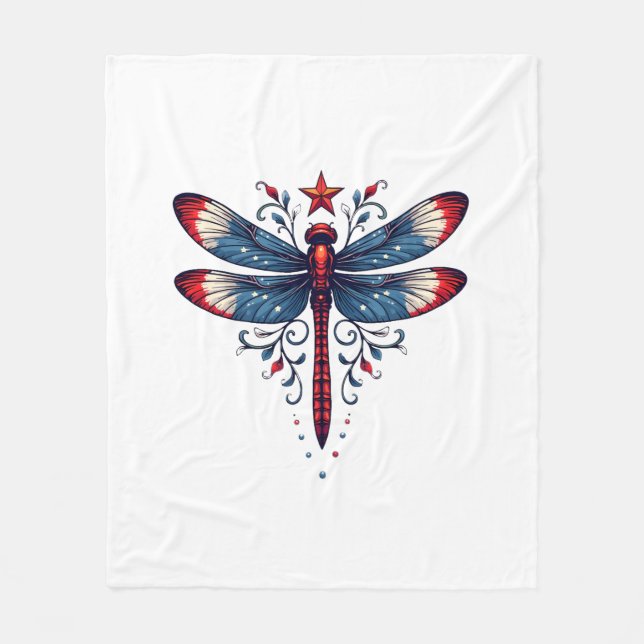 American Flag Dragonfly Patriotic 4th of July Red  Fleece Blanket (Front)