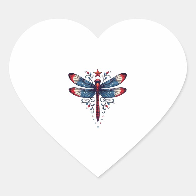 American Flag Dragonfly Patriotic 4th of July Red  Heart Sticker (Front)