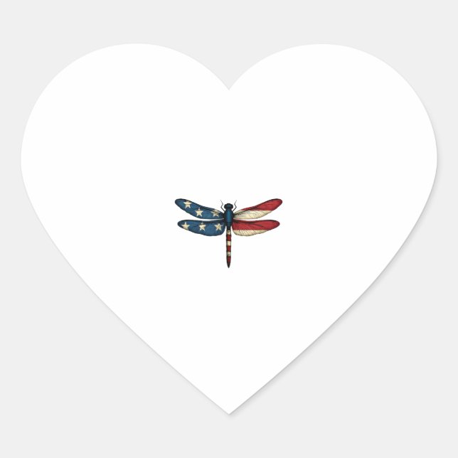 American Flag Dragonfly Patriotic 4th of July Red  Heart Sticker (Front)