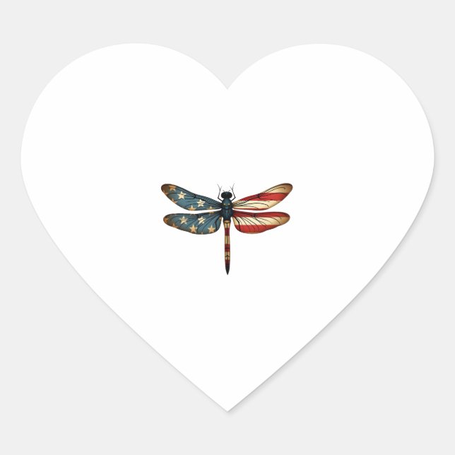 American Flag Dragonfly Patriotic 4th of July Red  Heart Sticker (Front)