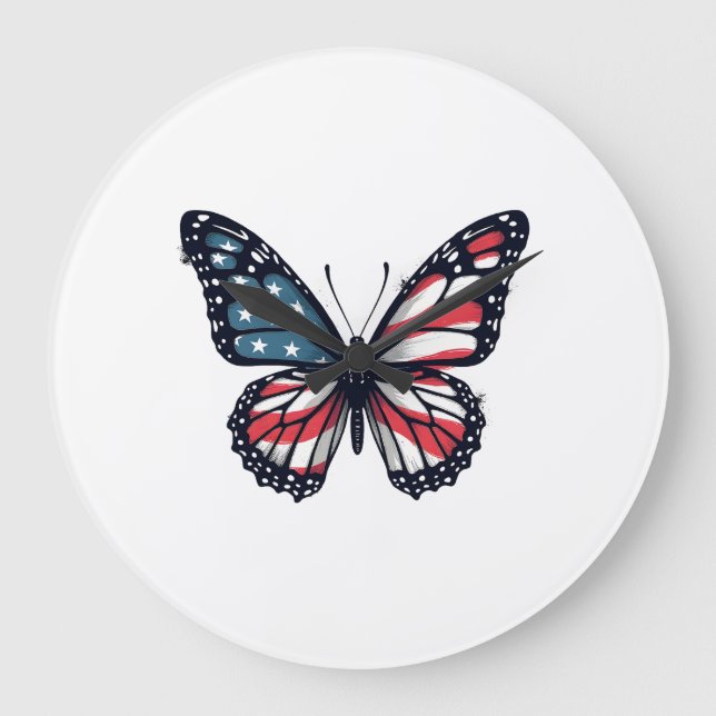 American Flag Dragonfly Patriotic 4th of July Red  Large Clock (Front)