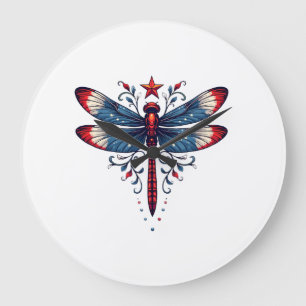 American Flag Dragonfly Patriotic 4th of July Red Large Clock