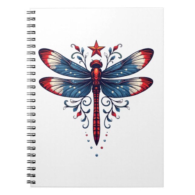 American Flag Dragonfly Patriotic 4th of July Red  Notebook (Front)