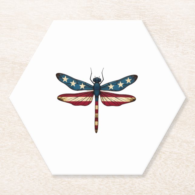 American Flag Dragonfly Patriotic 4th of July Red  Paper Coaster (Front)