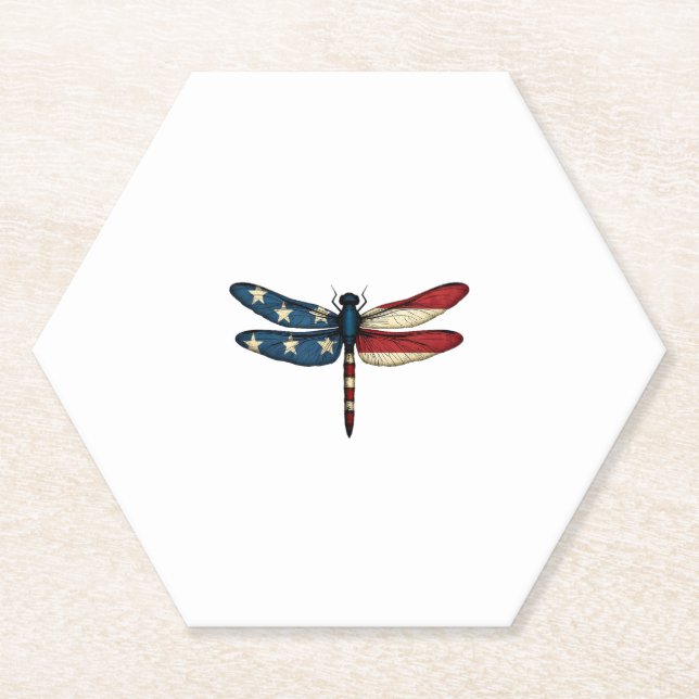 American Flag Dragonfly Patriotic 4th of July Red  Paper Coaster (Front)