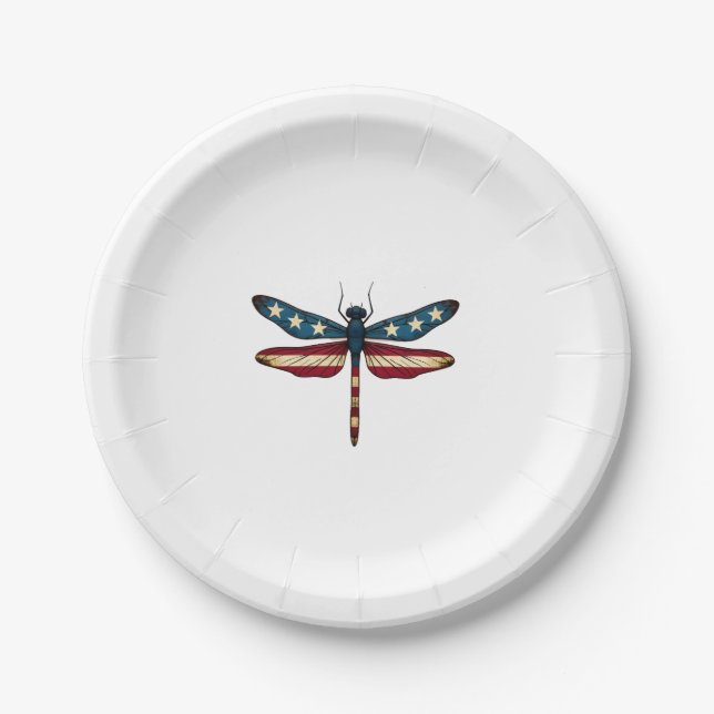 American Flag Dragonfly Patriotic 4th of July Red  Paper Plate (Front)