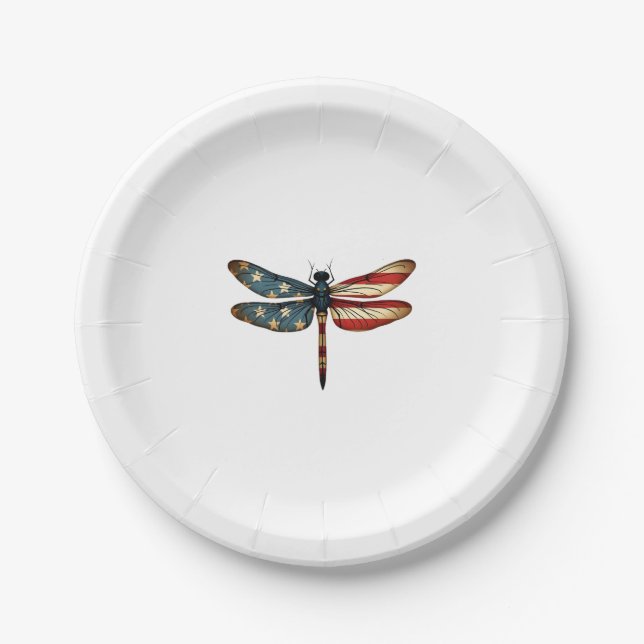 American Flag Dragonfly Patriotic 4th of July Red  Paper Plate (Front)