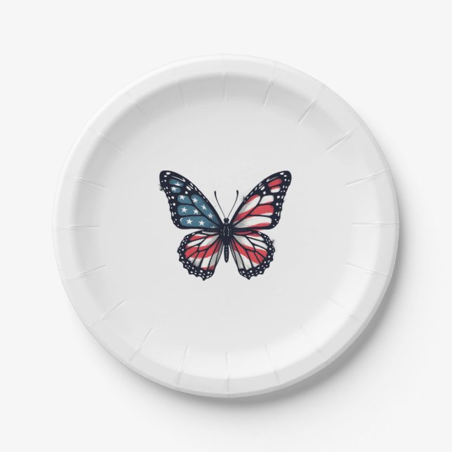 American Flag Dragonfly Patriotic 4th of July Red  Paper Plate (Front)