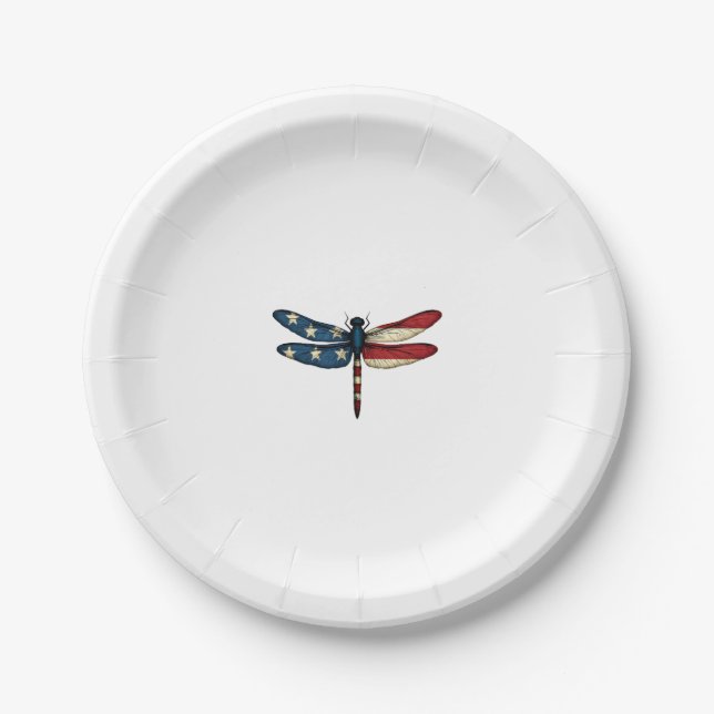 American Flag Dragonfly Patriotic 4th of July Red  Paper Plate (Front)
