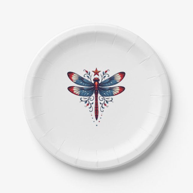 American Flag Dragonfly Patriotic 4th of July Red  Paper Plate (Front)
