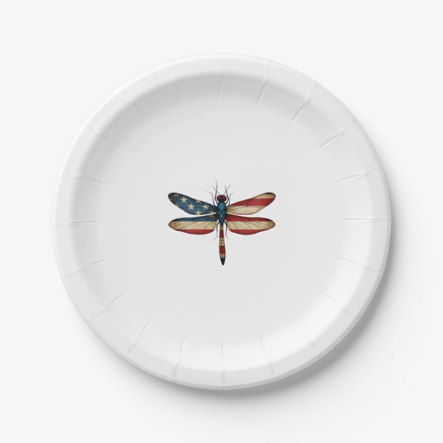 American Flag Dragonfly Patriotic 4th of July Red  Paper Plate (Front)