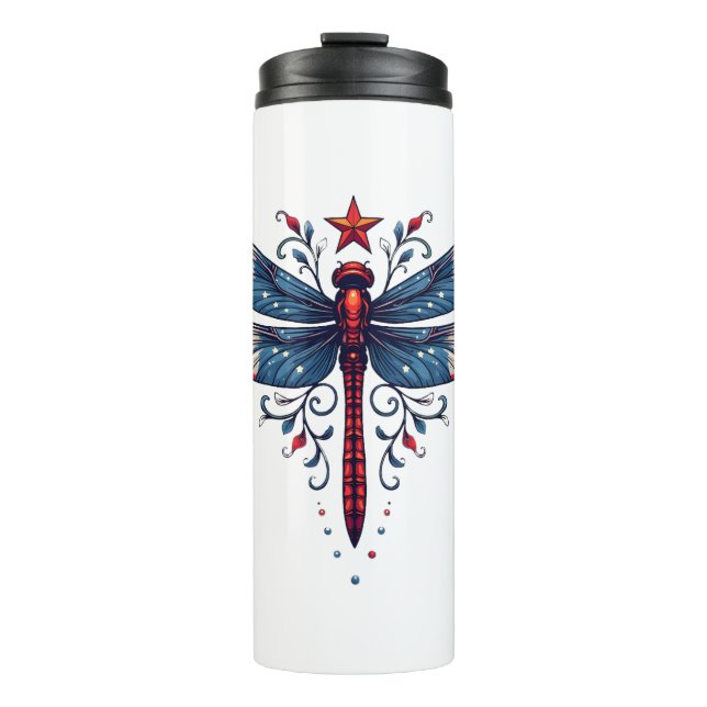 American Flag Dragonfly Patriotic 4th of July Red  Thermal Tumbler (Front)