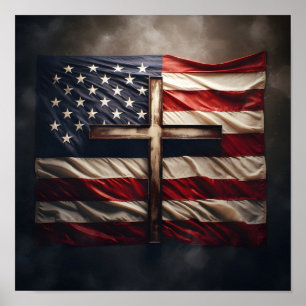 American flag draped over Christian cross Poster