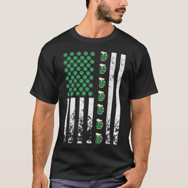 American Flag Drinking Irish Shamrock Green Beer M T-Shirt (Front)