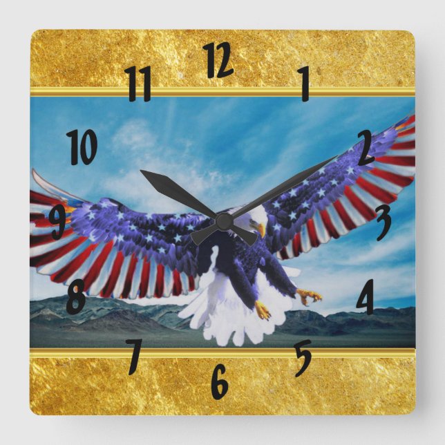 American flag Eagle flying in the sky gold foil Square Wall Clock (Front)