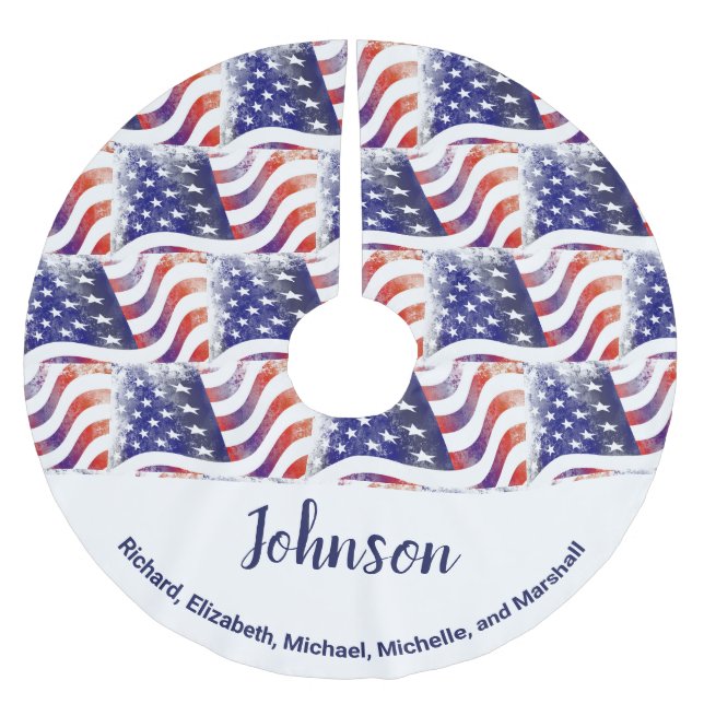 American Flag Family Names Patriotic Christmas Brushed Polyester Tree Skirt (Front)