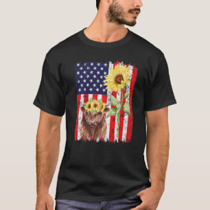 American Flag Farm Cow Sunflower Farming Highland T-Shirt