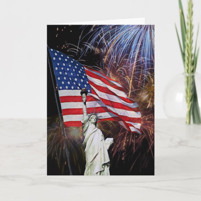 American Flag, Fireworks and Statue of Liberty Card (Front)