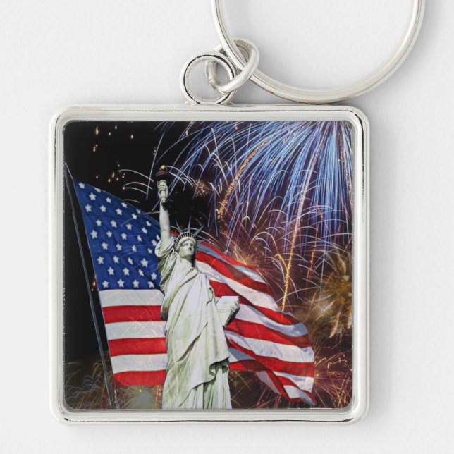 American Flag, Fireworks and Statue of Liberty Key Ring (Front)