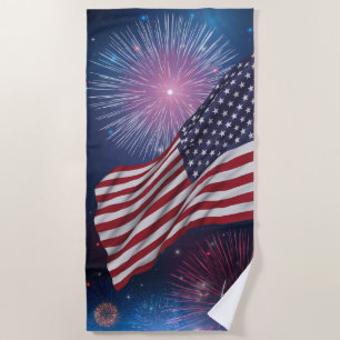 American Flag & Fireworks Beach Towel