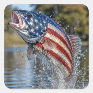 American Flag Fish Leaping out of Water Square Sticker