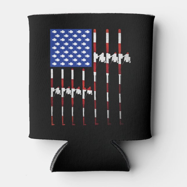 American Flag Fishing Rod USA Patriotic Can Cooler (Front)