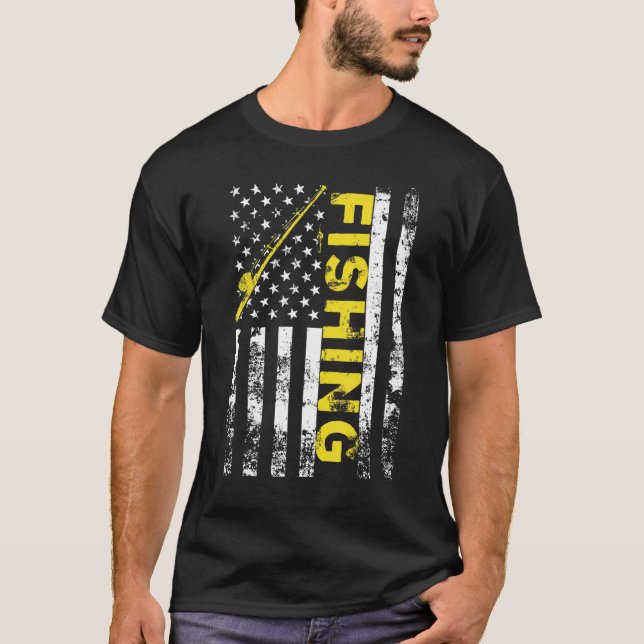 American Flag Fishing Rod Usa Patriotic T-Shirt (Front)