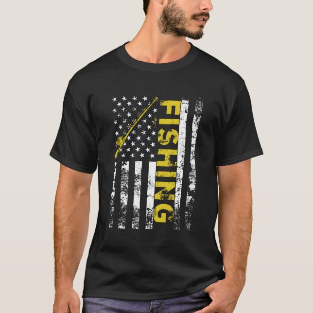 American Flag Fishing Rod Usa Patriotic T-Shirt (Front)