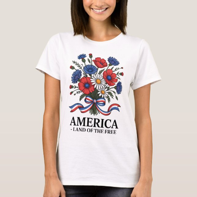 American Flag Flowers 4th of July Patriotic T-Shirt (Front)