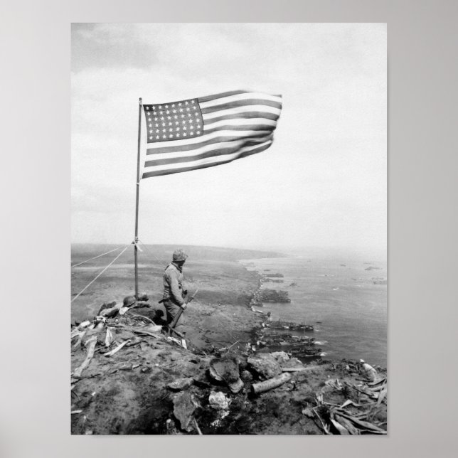American Flag Flying Over Mount Suribachi - WWII Poster (Front)