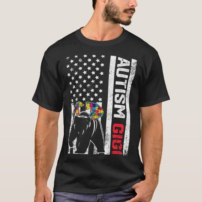 American Flag Gigi Bear Autism Awareness Support F T-Shirt (Front)