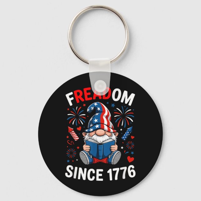 American Flag Gnome Reading Bookworm Patriotic Key Ring (Front)