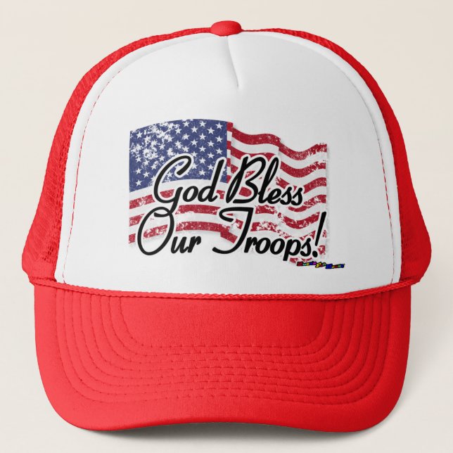 American Flag - God Bless Our Troops! - distressed Trucker Hat (Front)