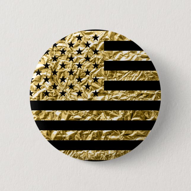 American Flag Gold Foil Effect Black 6 Cm Round Badge (Front)