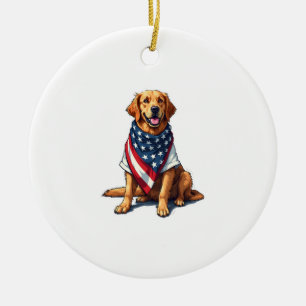 American Flag Golden Retriever Engraved Dog Lover  Ceramic Tree Decoration